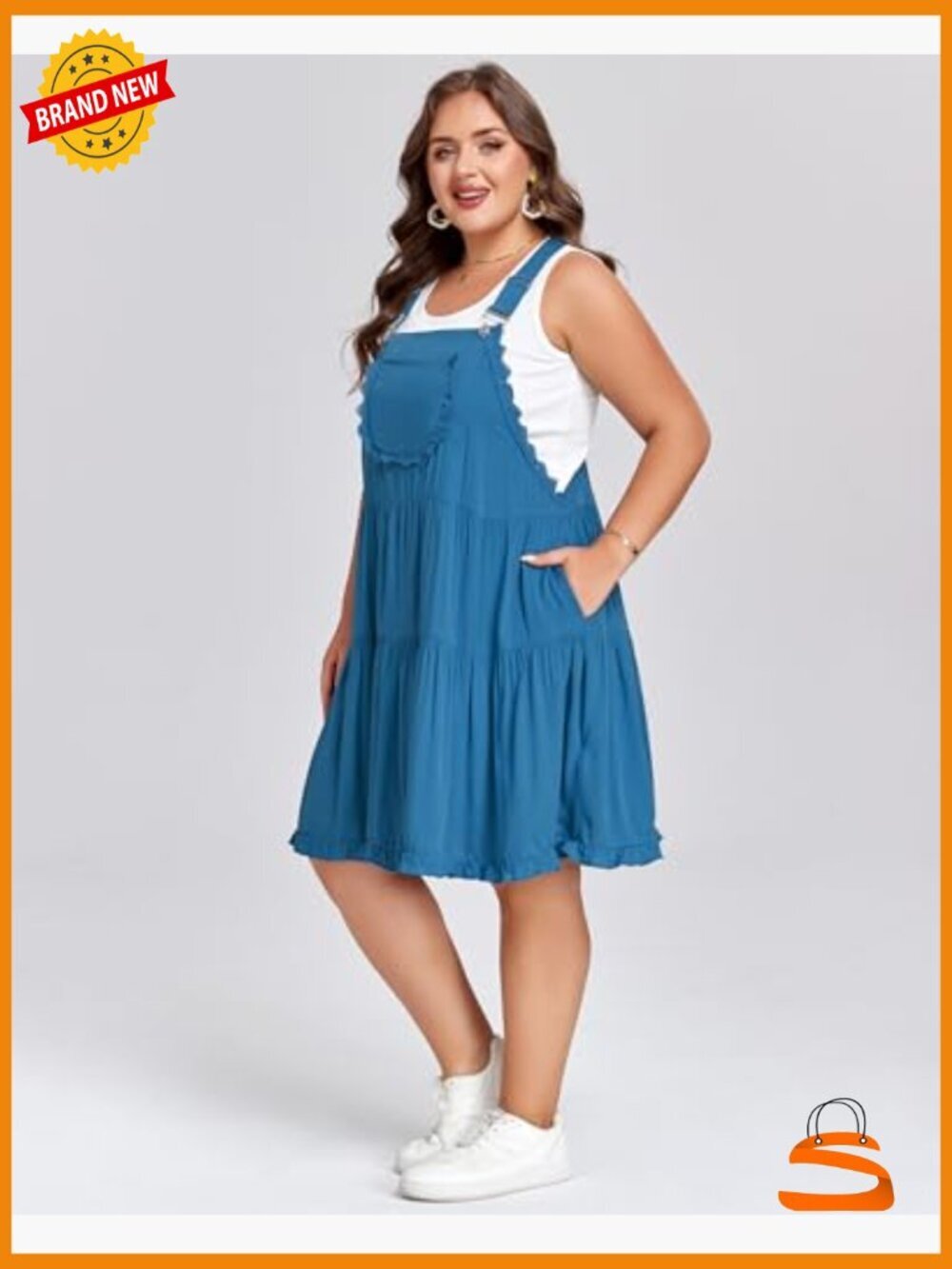 Plus Size Overall Dress Adjustable Straps Lace Trim Tiered Mini Dress with - Picture 2 of 6